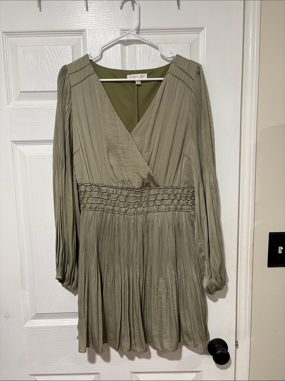 She + Sky Olive Wrap-Style Pleated Mini Dress